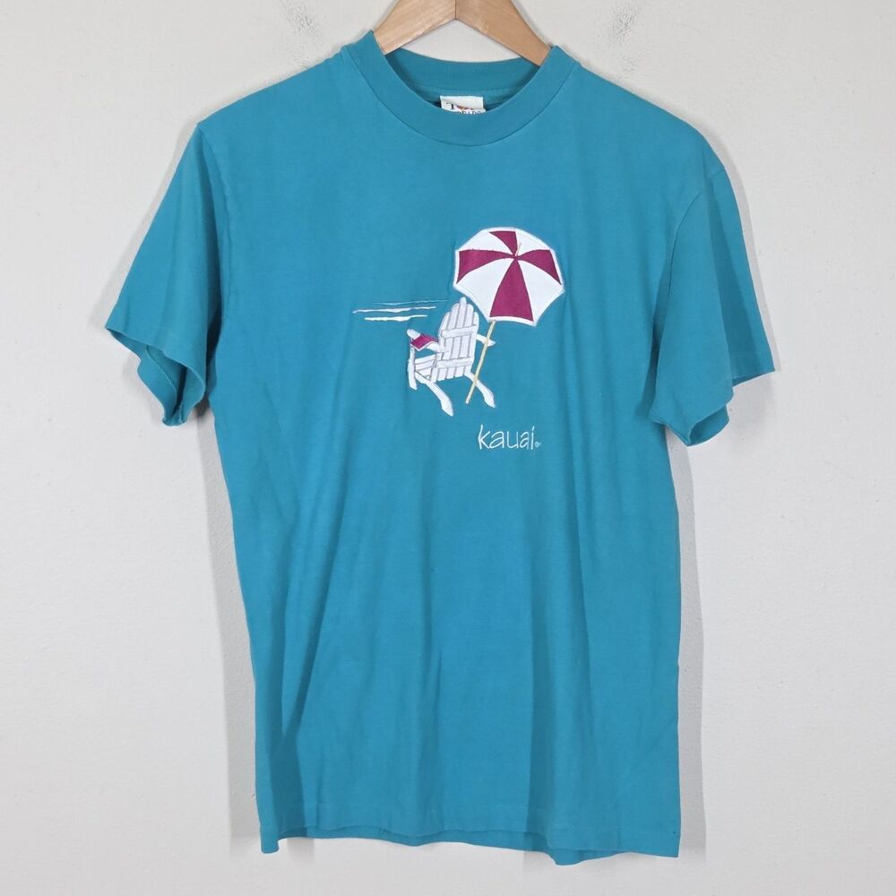 Vtg 80s 90s Top Threads Teal Kauai Hawaii T-Shirt Embroidered M Beach Coastal